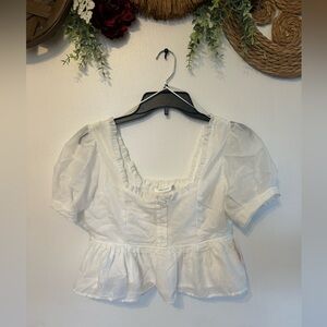 Altar'd State White Button Front Ruffle Cropped Puff Sleeve Square Neck Top M